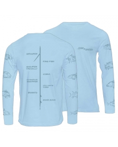 Fish2spear Long Sleeve Performance Shirt - Fish On Sleeves - Sky Blue with Grey Sketch