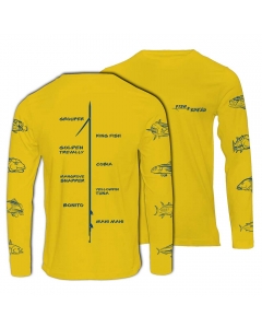 Fish2spear Long Sleeve Performance Shirt - Fish On Sleeves - Yellow with Navy Blue Sketch